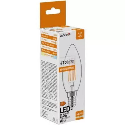 LED žárovka - svíčka - AVIDE FILAMENT  E14 / 4,5W (EKV. 40W) 470LM / 4000K - DENNÍ BÍLÁ